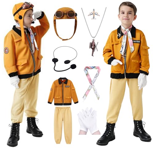 Akokvlar 9 Pcs Kids Pilot Aviator Costume Earhart Historical Costume for Girls Boys (Brown, 12-14 Years)