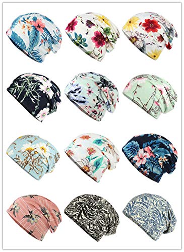 HONENNA Flower Printed Beanie Women Turban Headband Chemo Cap (2 Pack Set 19)
