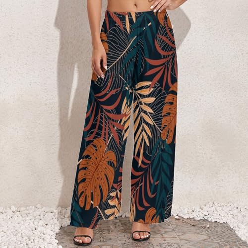 Womens Pants Elastic High Waist Watercolor Tropical Leaf Palazzo Pants Casual Wide Leg Lounge Pants for Women2