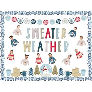 Whaline 85Pcs Winter Bulletin Board Decoration Kit Xmas Tree Snowmen Snowflake Cutouts with Glue Point Christmas Holiday Classroom Bulletin Border Stickers for Home School Office Wall Door Decor