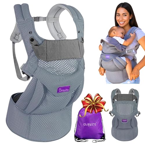 Chiquito | Mochila Portabebés 0-36 m (3,2-15 kg) | Ergonómica y transpirable Softflex Malla 3D | Soporte lumbar para mayor comodidad | Ajuste rápido | Postura M | Bolsa regalo incluida. (Gris Oscuro)