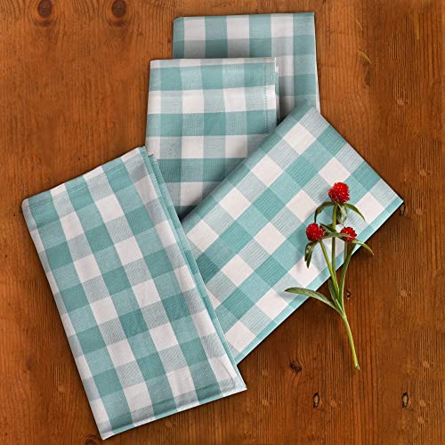 [20X20] Cloth Napkins Set Of 12 Cotton, Dinner Napkins Cloth Washable, Buffalo Plaid Checks Premium Over Sized Aqua/White Cloth Napkins With Mitered Corners, Ultra Soft, Durable Hotel Quality #TOP2