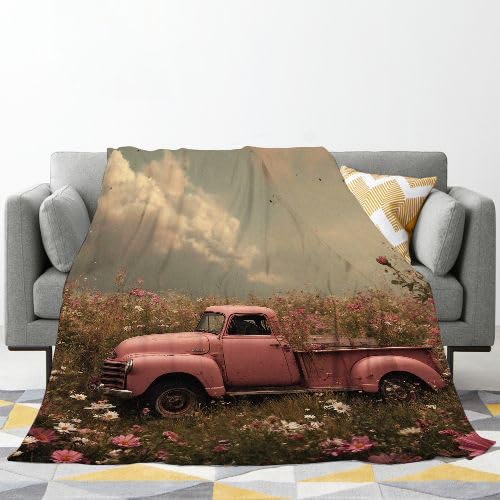 Manta Polar 220 x 240 Camioneta Rosa, Mantas para Cama 105 de Franela Cálida y Cómoda para Niños y Adultos, Manta para Sofá Reversible para Cubre Sofa Colchas, Fácil de cuidar