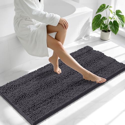 Image of Smiry Thick Chenille Bathroom Runner Rugs 47x20, Extra Absorbent Striped Bath Mat, Machine Washable, Rubber Backing, Long Bath Rugs for Tub & Shower, Modern Home Decor Accessories, Dark Grey