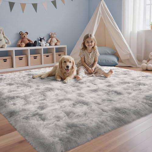 6x9 ft Rug for Living Room Fluffy Grey White Shag Rug Non-Slip Area Rugs Carpet for Bedroom Nursery Kids PlayRoom Dorm Office Indoor Modern Plush Carpets