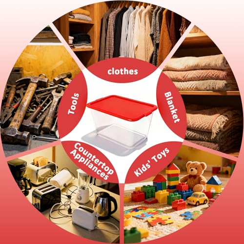 Image of SIMPLYKLEEN Storage Totes with Lids - Made in USA 14.5-Gallon (58-Quart) 4-Pack Clear Plastic Red Storage Bins Storage Containers Large Storage Boxes Organizer for Home, Office, and Garage Clear /Red