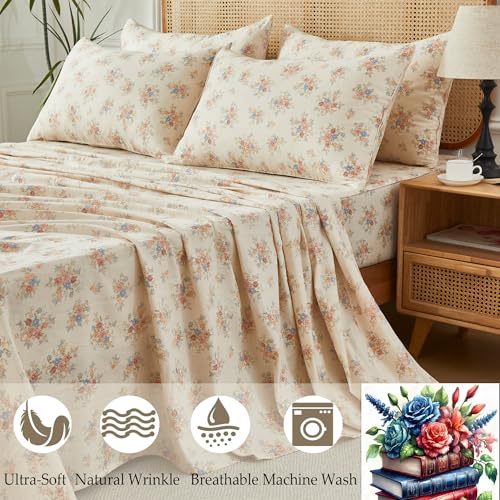 Image of FADFAY California King Sheet Set - 4 Piece Floral Cooling Sheets, Soft and Breathable Cotton Double Gauze Sheets (Cream)