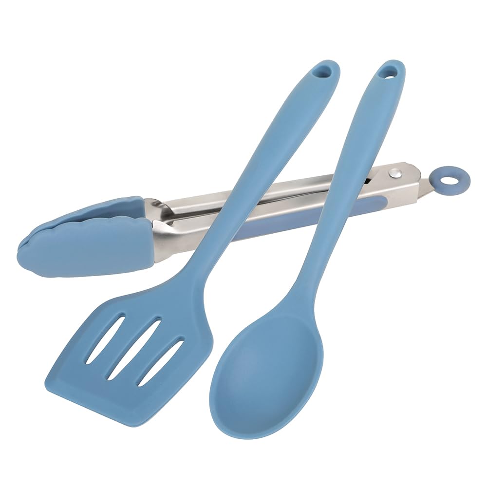 Wiltshire Silicone Mini Kitchen Tongs, Serving Spoon & Turner Set of 3, Cooking Spoon Serving Tongs & Spatula, Salad Tongs Stainless Steel, Heat-Resistant Utensil, Non-Stick, Non-Scratch, Petrol Blue