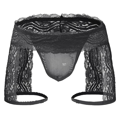 Men's Frilly Lace Sissy Panties Lingerie Thongs G String with Garter Belt T Back Underwear2