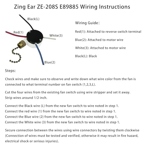 Image of Ceiling Fan Switch Zing Ear ZE-208S E89885 3 Speed 4 Wire Pull Chain with 4 Pre-Installed Wires Light Fan Switch Replacement (Bronze)