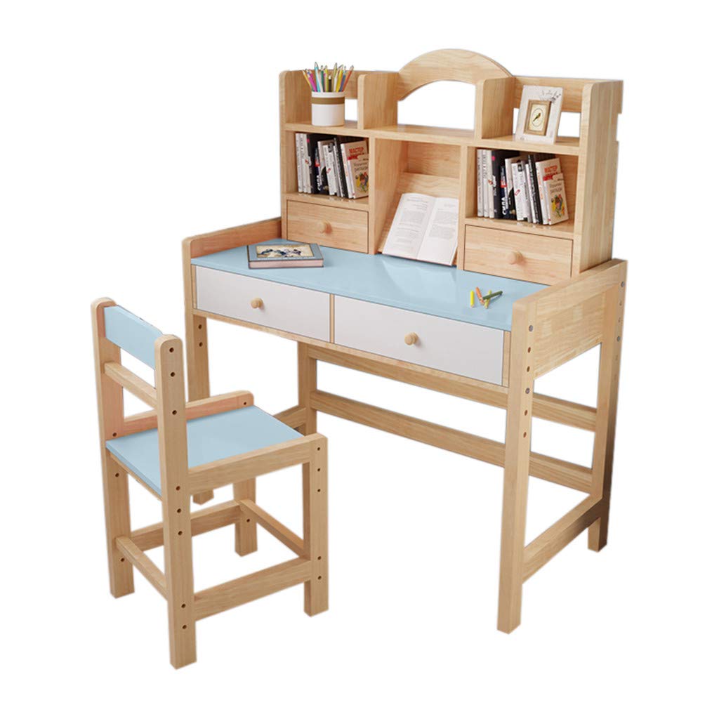Cnebo Kid Desk and Chair Set, Large Wooden Student Table with Drawers Bookstand Bookshelves, Child Bedroom Furniture Student Study Writing Table Computer Workstation - US Stock (Blue)