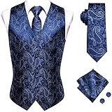 Hi-Tie Mens Blue and White Paisley Suit Vest and Tie Set Formal Silk Dress Waistcoat with Pocket Square Cufflinks for Wedding Party or Tuxedo