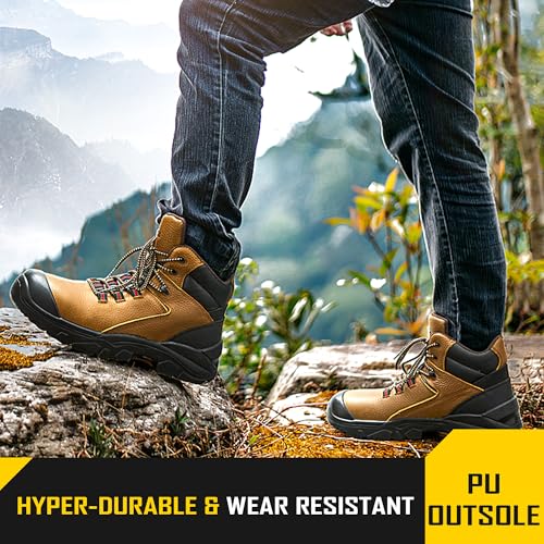 COOLJOB Steel Toe Work Boots for Men, Anti-spark Full Grain Leather Safety Shoes for Industrial Construction Workers, Soft Padded Lining, Non-slip PU Outsole, Impact Resistant Rubber Cap, Brown4