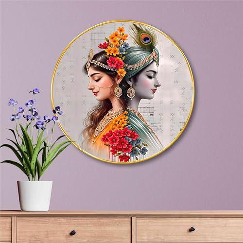 Image of SAF Radha Krishna Wall Painting - Divine Love Artwork with Floral Accents | Spiritual Round Golden Frame Wall Decor for Living Room, Bedroom, Pooja Room | Hindu Religious Art (16 X 16 Inch) GRM-290