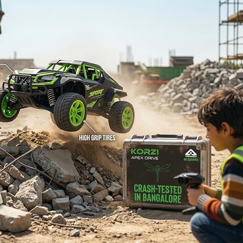 Image of Korzi RC Car 4x4 (1:16) - 25 Kmph+ High Speed | Semi Hobby Grade with Proportional Throttle Control | All Terrain Off Road Remote Control Car | Rechargeable Battery | Indian Service Support