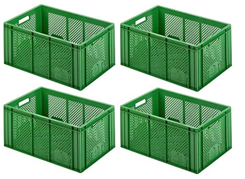 Lot de 4 bacs euros pour légumes - Dimensions : 600 x 400 x 275 mm - Capacité : 54 l - Verts - Fond et parois latérales perforées