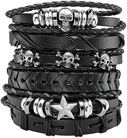 JJDreams 6-10 Pcs Leather Bracelets Set for Women Men Braided Wooden Beads Wrap Cuff Cord Adjustable
