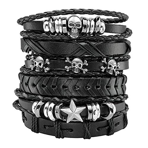 JJDreams 6-10 Pcs Leather Bracelets Set for Women Men Braided Wooden Beads Wrap Cuff Cord Adjustable (E-6pcs Black)