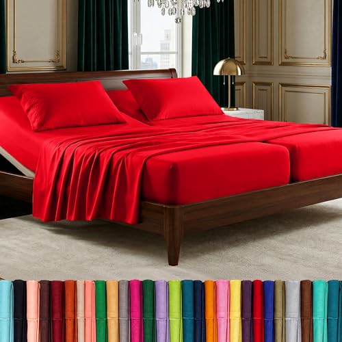 Image of Elegant Comfort Luxurious 1500 Premium Hotel Quality Microfiber Three Line Embroidered Softest 5-Piece Bed Sheet Set, Wrinkle and Fade Resistant, Split King, Red