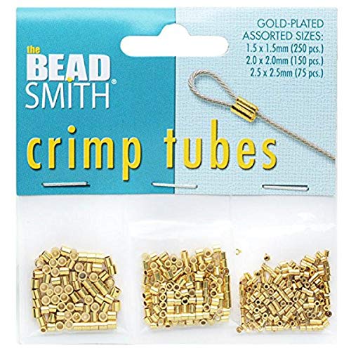 The Beadsmith Beading Crimp Tubes in 3 Sizes, 1.5- x 1.5-Millimeter (250 Pieces), 2- x 2-Millimeter (150 Pieces), 2.5- x 2.5-Millimeter (75 Pieces) Jewelry-Making Supplies, Total 475 Crimp Tubes (Gold Variety)