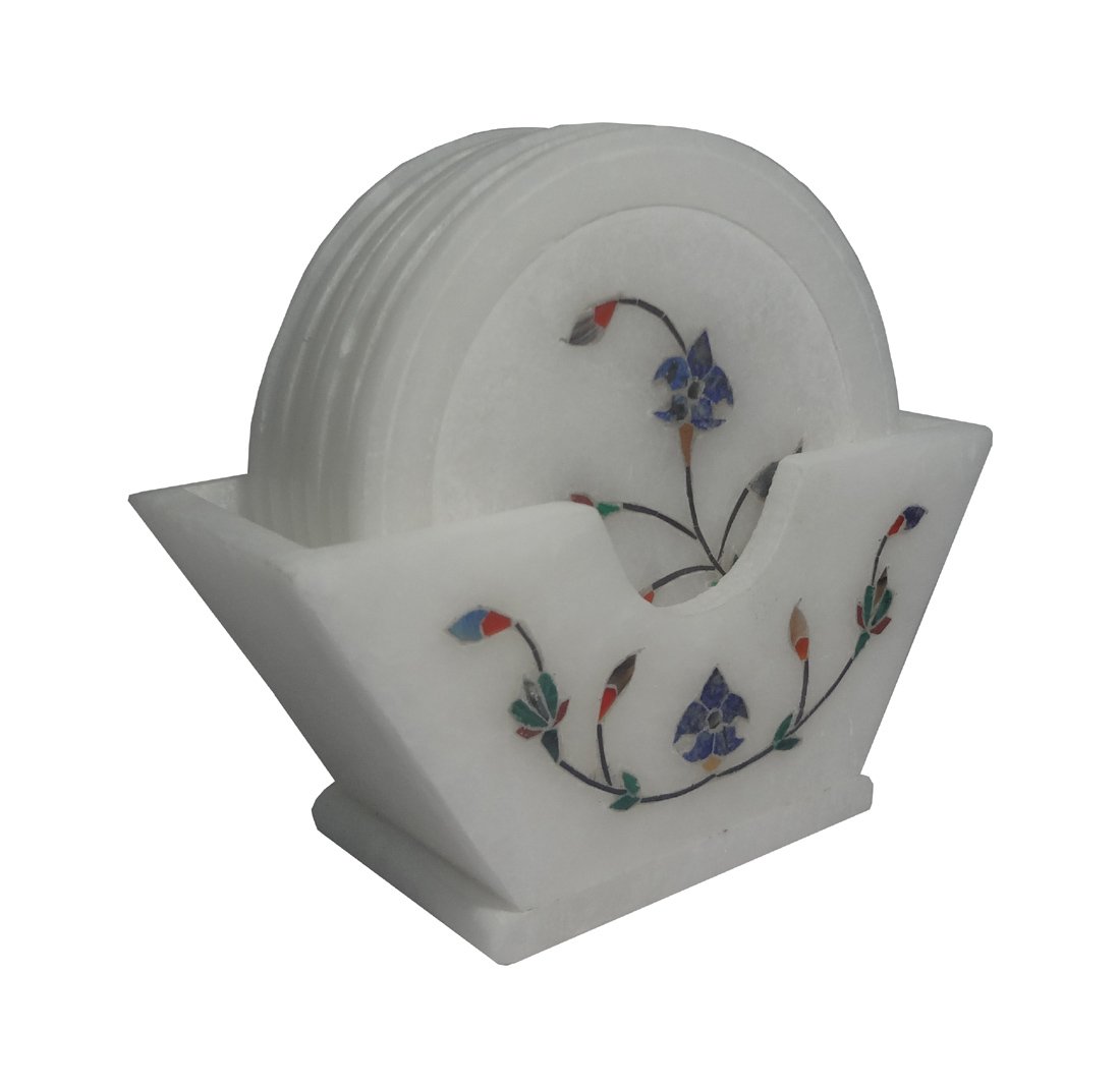 Avinash Handicrafts White Stone Inlaid Coaster Set of 6 Coasters (Standing) 4 inch - Image 3 thumbnail
