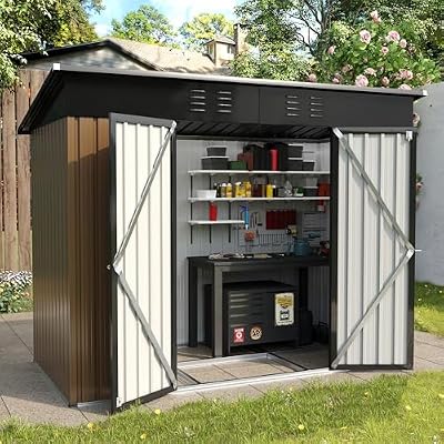 UDPATIO Sheds & Outdoor Storage, 8X4 FT Metal Steel Garage Storage with Sloping Roof & Lockable Door for Bicycle, Tool in Patio Lawn, Garden, Backyard, Brown