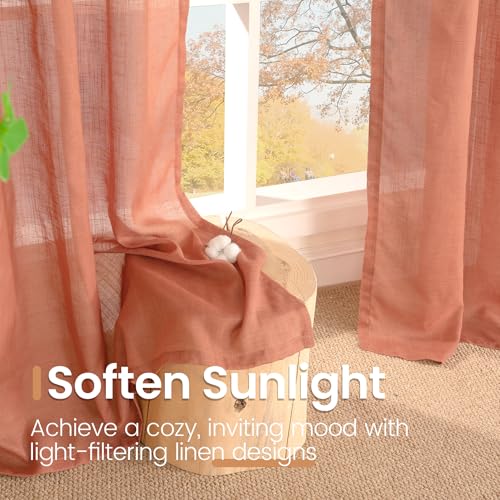Image of BGment Rust Terracotta Linen Curtains 63 Inches Long for Living Room, Burnt Orange Semi Sheer Window Drapes with Rod Pocket Lightweight for Bedroom, 2 Panels Set, Each 52 Inch Wide