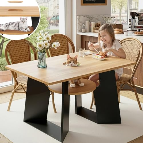 I0I&I0I Mesa de cocina rectangular para 6 personas, mezcla de madera natural negra con espacio para mascotas y bandeja práctica para uso doméstico
