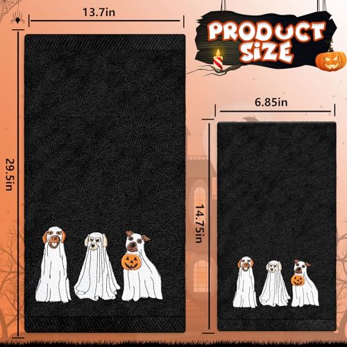 Jarthenaamcs J2971 2Pcs Happy Halloween Hand Towels Embroidered Ghost Dogs Cotton Bathroom Towels Halloween Dish Towels thumb #1