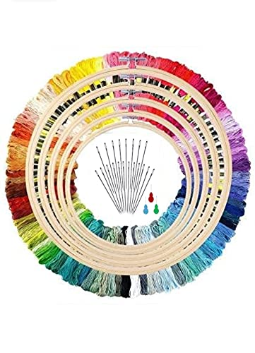 ROYAL VILLA® Special Pack of 5 Embroidery Hoop Frame (Sizes: 5,6,7,9,10 Inches)+ 25 Multicolored Cotton Skein Threads 8m Each +20 Large Needles +3 Wire Loop Threader for Embroidery and Art Craft Work.-image-29