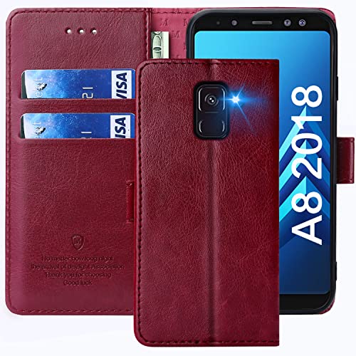 FMPCUON Hülle für Samsung Galaxy A8 2018 Handyhülle [Standfunktion] [Kartenfach] [Magnetverschluss] Tasche Flip Hülle Schutzhülle lederhülle flip case für Samsung Galaxy A8 2018 Rot
