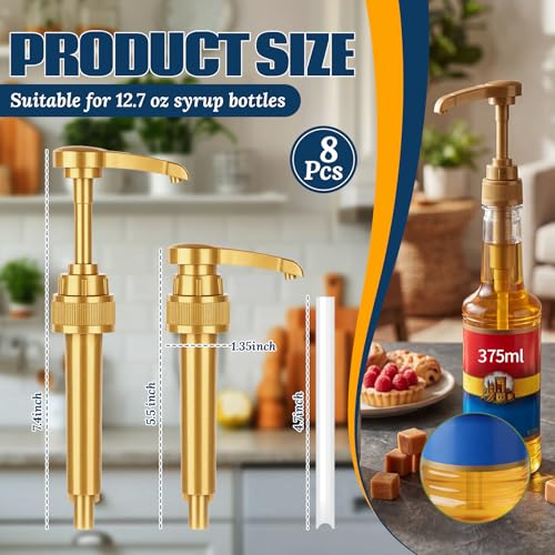 Image of Zopeal 8 Pieces Coffee Syrup Pump Dispenser Fits 375ml /12.7oz Bottles, Syrup Pump for Coffee Flavoring, Creamers, Caramel, Beverages, Kitchen Cafe Bar Drinking Mixes Food Dispenser(Gold)
