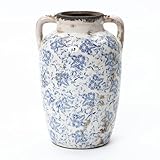 Hometopia Keramik Vase im Landhausstil, Vintage Blumenvase Blau-Weiß mit Blumenmuster, Antik-Look Dekovase für Wohnzimmer, Esstisch & Fensterbank, 29cm Höhe