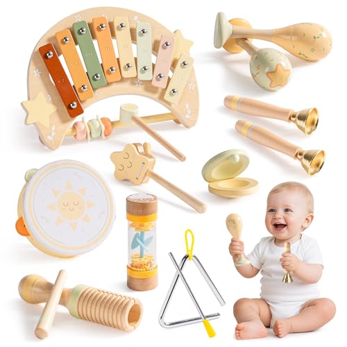 ROBOTIME Holz-Musikinstrumente Set für Babys, Niedliche Percussion-Spielzeuge für Kleinkinder, Xylophon, Rasseln, Tamburin, 11PC Pädagogisches Montessori Klangspielzeug für Kleinkind ab 10 Monate