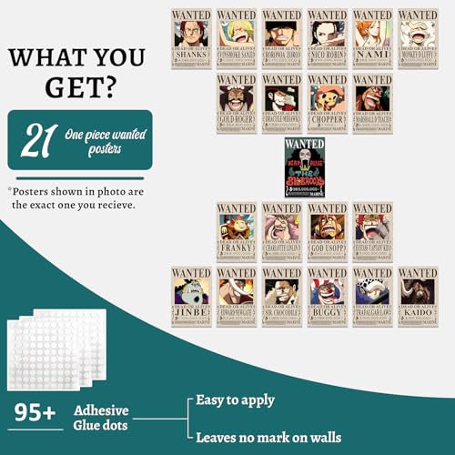 Image of 21PCS One Piece Wanted Posters Set - 4x6 Inch New Bounty Edition - Straw Hat Pirates Wall Decor (Luffy, Zoro, Nami, Sanji, Chopper, Robin, Franky, Brook, Jinbe) - 100 Glue Dots Included