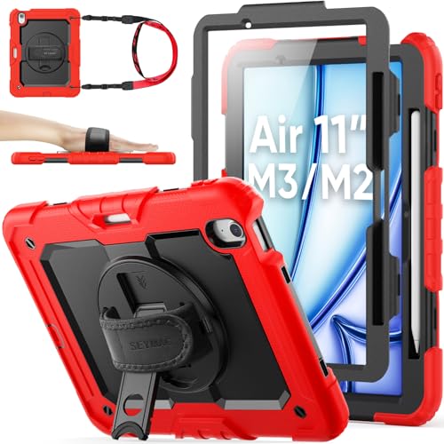 SEYMAC stock 2025年/2024年 11インチiPad Air(M3/M2)耐衝撃ケース 保護フィルム付き ペン収納 360°回転スタンド ハンドストラップ ショルダーストラップ 全面保護カバー iPad Air 11 2025/2024専用型（レッド）
