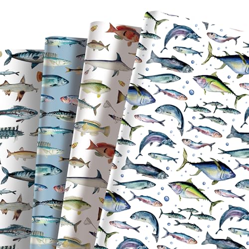 Azurestore 12 Sheets Sea Fish Wrapping Paper Ocean Fish Fishing Patterns Gift Wrap Paper for Birthday Fathers Day the Gifts Wrap Fishermen Daddys Summer Ocean Themed Party Supplies 20 x 27