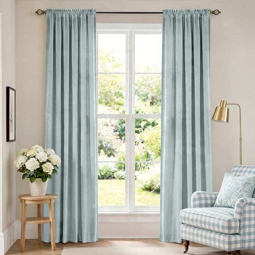 Image of Blackout Misty Blue Velvet Curtains Rod Pocket 52x84 Inch 2 Panels | Soft Velvet, For Bedroom & Living Space, Light Shifting Texture, Elegant Drape, Peaceful, Serene