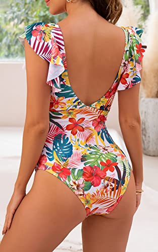 Image of B2prity One Piece Swimsuits for Women Ruffle Sleeve V Neck Bathing Suit Tummy Control Cutout Monokini Slimming Swimwear