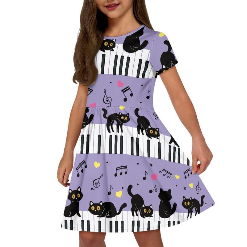 Girls' Short Sleeves Casual Summer Dresses, High Waist Swing Knee Length Long Dress, A-Line Dress for School2