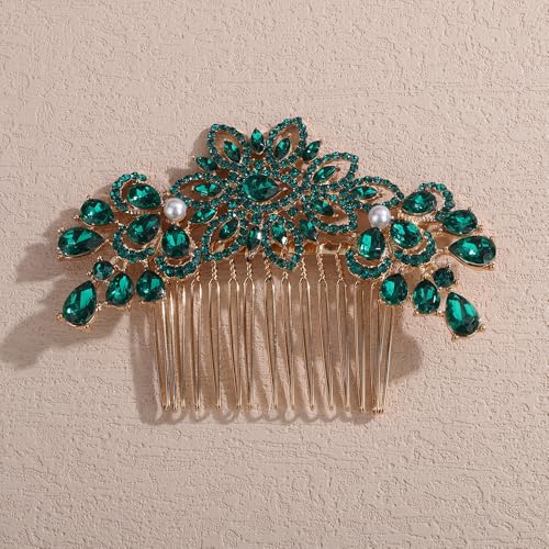 Peine para cabello con cristales y perlas verde miniatura 2