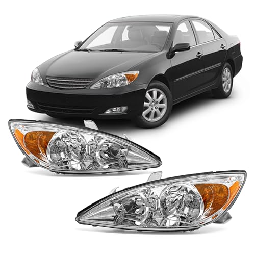 AXLAHA Headlight Assembly for 2002 2003 2004 Toyota Camry L/Se/Le/Xle Sedan 4-Door Driver Hybrid Headlamp Chrome Housing with Amber Reflector driver & Passenger Side(W/O Bulbs)