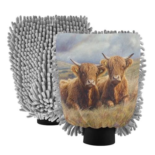 Flradish 2 Pack Highland Cow Car Wash Mitt Chenille Microfiber Lint-Free Scratch Free Ultra-Soft Absorbent Car Wash Mitt 11.8x8.07 Inch