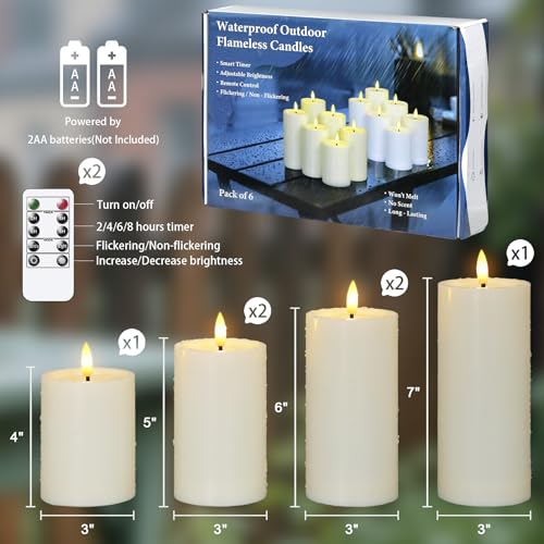Image of Yeelida Outdoor 6pcs Flameless Waterproof Candles with Handy Remote Control, Cycle Timer Battery Operated Candle Grease Effect LED Flickering Pillar Plastic Long Lasting (Ivory, 3 inch x4 inch 5 inch 5 inch 6 inch 6 inch 7 inch)