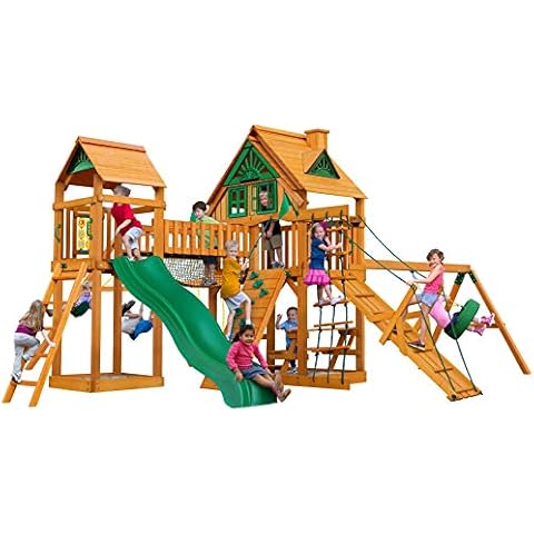 Gorilla Playsets 01-0055-AP Pioneer Peak Treehouse Wooden Swing Set with Amber Posts, Tire Swing, Slide and Tower with Clatter Bridge, Brown Cover