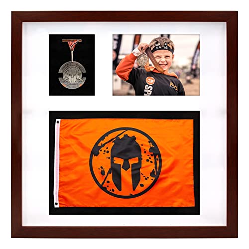 Medal Display Shadow Box Picture Frames, Marathon & Triathlon Photo, Finishing Medal and Race Bib Framing Kit, 3D Medal Box Photo Frame for Medals Bibs Photos (16x16” Walnut Finish)