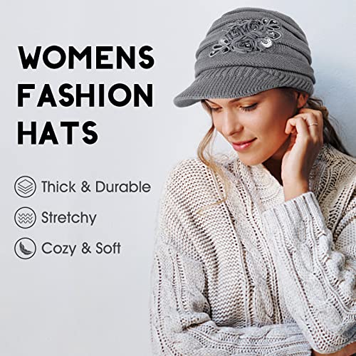 Ysense Womens Hats Winter Beanie With Brim Warm Cable Knit Newsboy Cap Visor With Sequined Flowerisor With Sequined Flower,B-Grey #TOP1