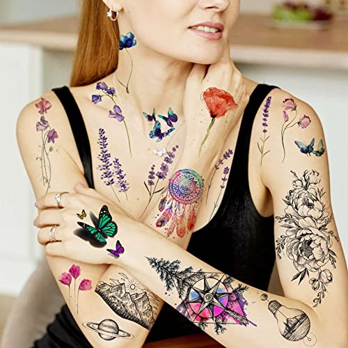 Yezunir 31 Sheets 85+ Pcs Watercolor Flower Temporary Tattoos For Women Girls, Small Lavender Sweetpea Diamond Glitter Face Fake Tattoos For Adults, Geometric Peony Rose Floral Butterfly Animals Fox Owl Tatoos Set #TOP4