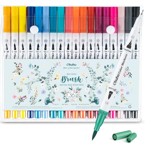 Ohuhu Markers for Adult Coloring Books No Bleeding 36 Colors Coloring Markers Water-based Dual Tips Fineliner & Brush Drawing Pens Art Pens for Kids Adults Sketch Journal - Maui - White
