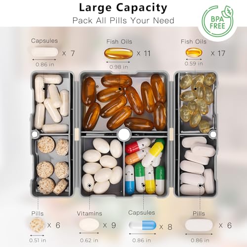 Image of FYY Travel Pill Organizer, 7 Compartments Small Pill Box Medicine Case-Grey
